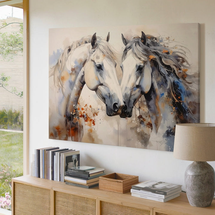 Tender Companionship Canvas – Watercolor White Horses Nuzzling Art - Gifitto