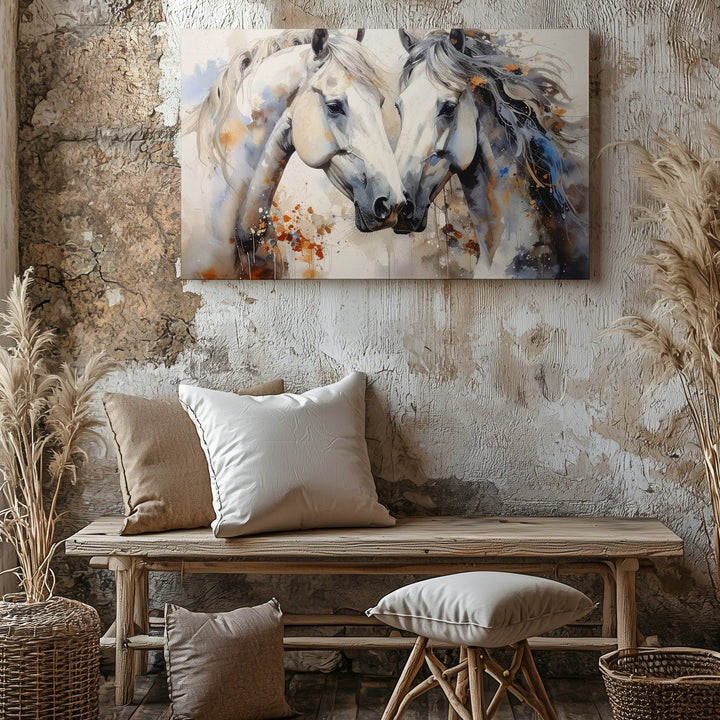 Tender Companionship Canvas – Watercolor White Horses Nuzzling Art - Gifitto