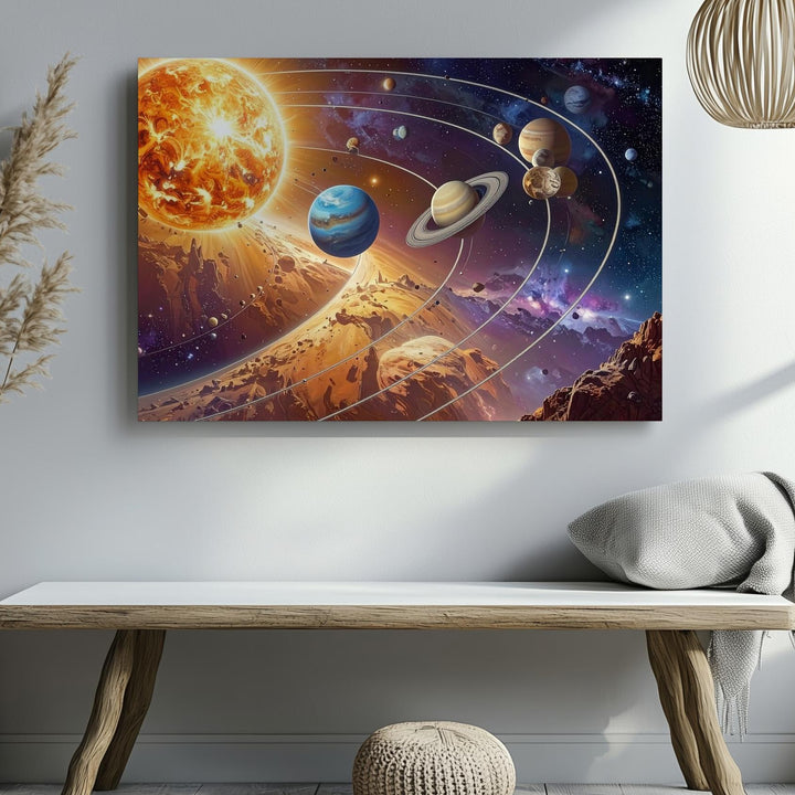 Solar System Alignment Canvas – Stylized Orbit Map with Eight Planets & Glowing Sun - Gifitto