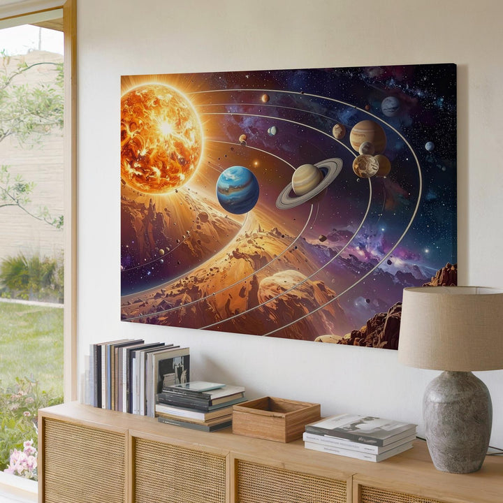 Solar System Alignment Canvas – Stylized Orbit Map with Eight Planets & Glowing Sun - Gifitto