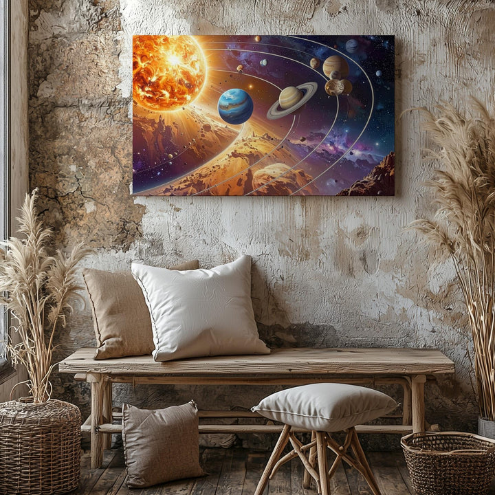 Solar System Alignment Canvas – Stylized Orbit Map with Eight Planets & Glowing Sun - Gifitto