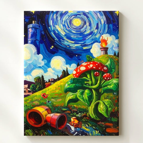 Starry Game Night Canvas – Van Gogh x Mario Surreal Mashup Art - Gifitto