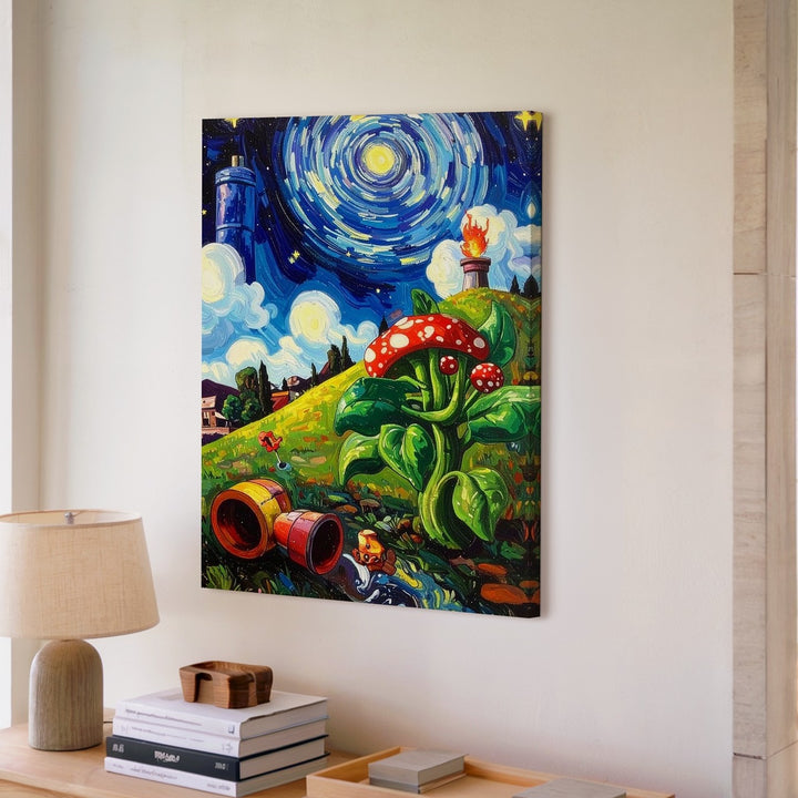 Starry Game Night Canvas – Van Gogh x Mario Surreal Mashup Art - Gifitto