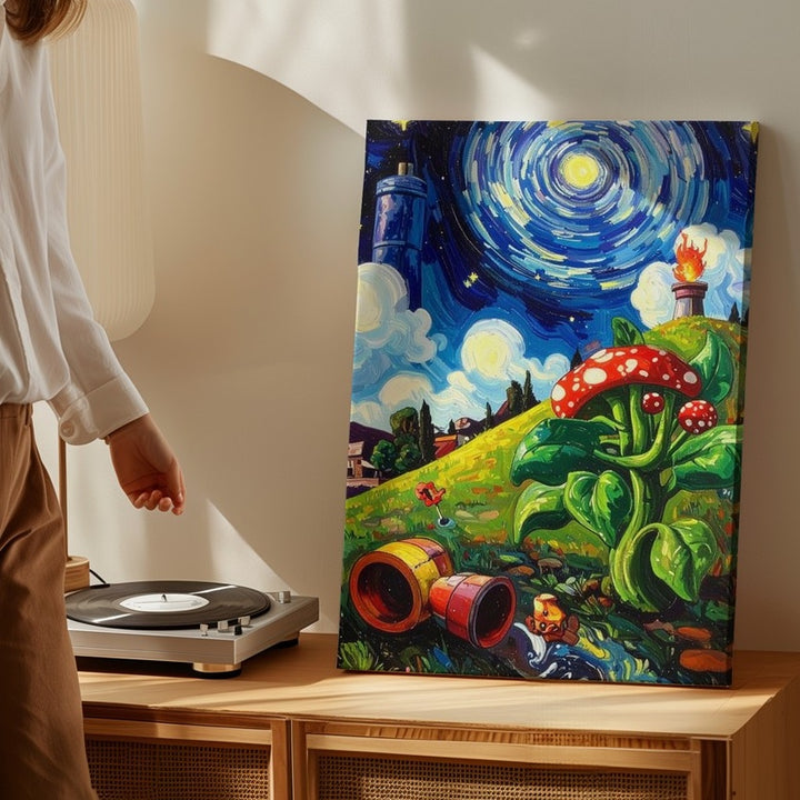 Starry Game Night Canvas – Van Gogh x Mario Surreal Mashup Art - Gifitto