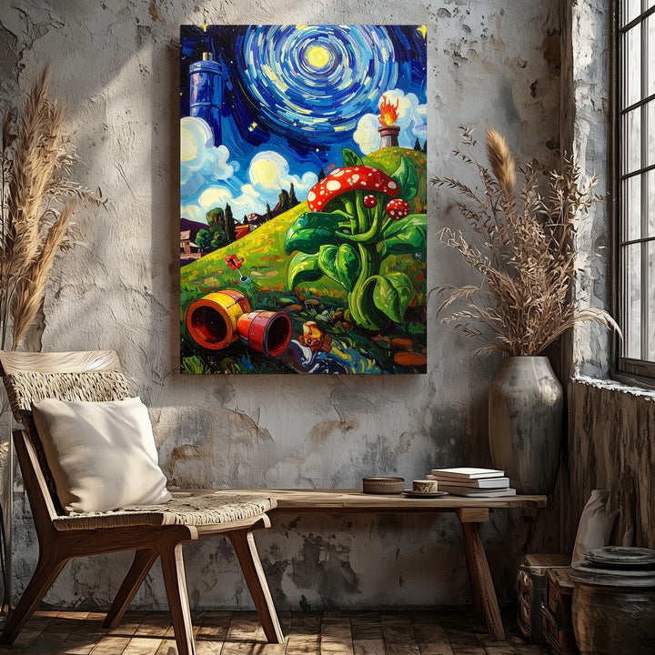 Starry Game Night Canvas – Van Gogh x Mario Surreal Mashup Art - Gifitto