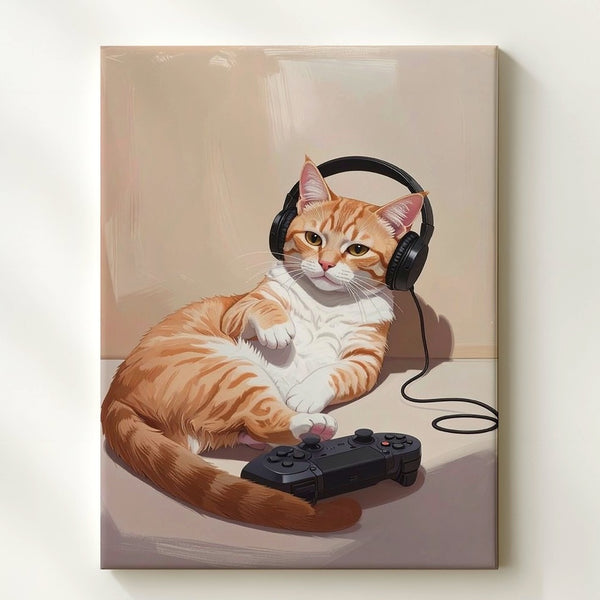 Gamer Cat Canvas – Cozy Tabby with Headphones & Controller - Gifitto