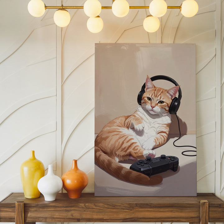 Gamer Cat Canvas – Cozy Tabby with Headphones & Controller - Gifitto