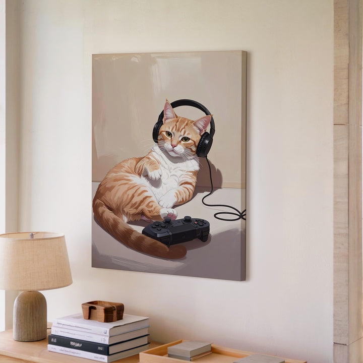 Gamer Cat Canvas – Cozy Tabby with Headphones & Controller - Gifitto