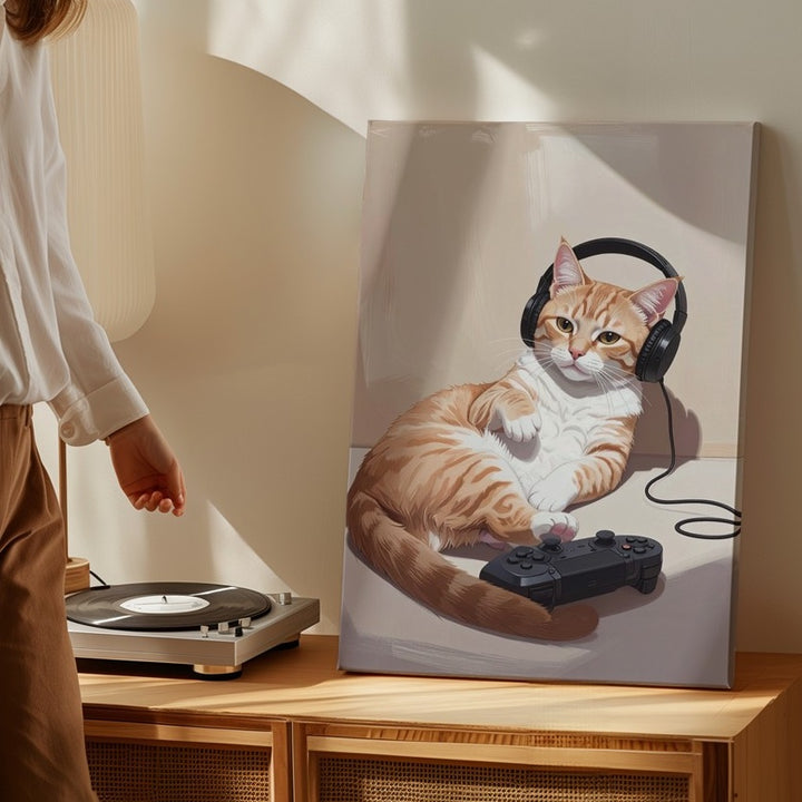 Gamer Cat Canvas – Cozy Tabby with Headphones & Controller - Gifitto