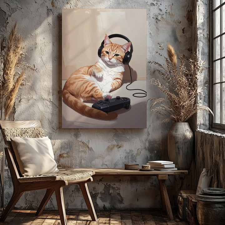 Gamer Cat Canvas – Cozy Tabby with Headphones & Controller - Gifitto