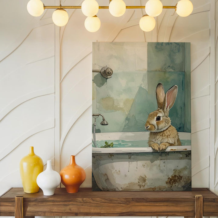 Relaxing Rabbit in Bathtub Canvas – Cozy Pastel Wall Art - Gifitto
