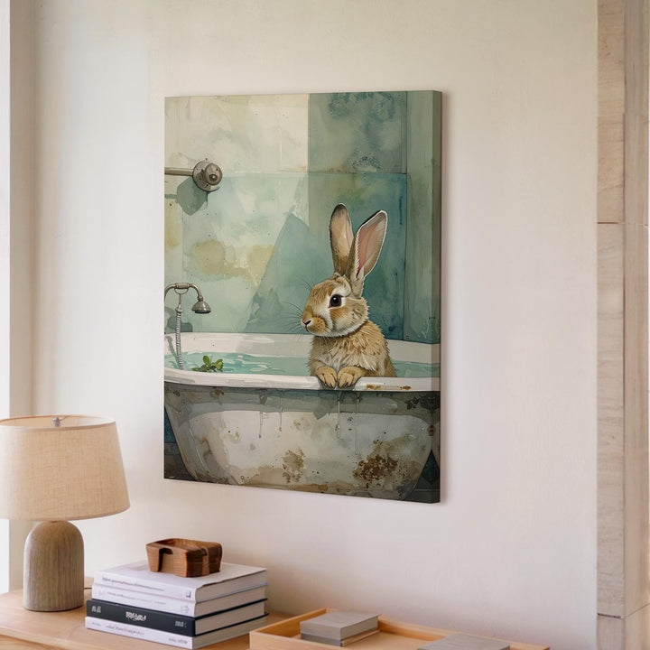 Relaxing Rabbit in Bathtub Canvas – Cozy Pastel Wall Art - Gifitto