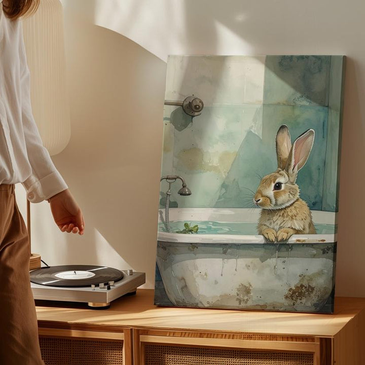 Relaxing Rabbit in Bathtub Canvas – Cozy Pastel Wall Art - Gifitto