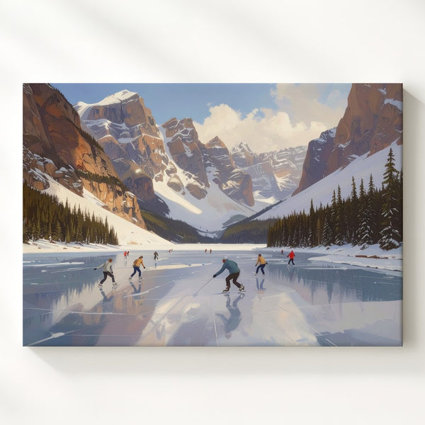 Skaters on Frozen Lake Canvas – Majestic Mountain Ice Scene Wall Art - Gifitto