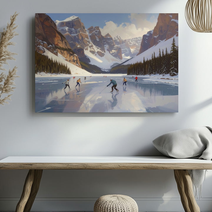Skaters on Frozen Lake Canvas – Majestic Mountain Ice Scene Wall Art - Gifitto