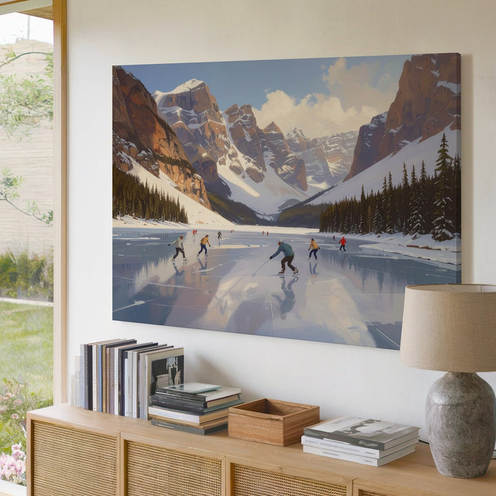Skaters on Frozen Lake Canvas – Majestic Mountain Ice Scene Wall Art - Gifitto