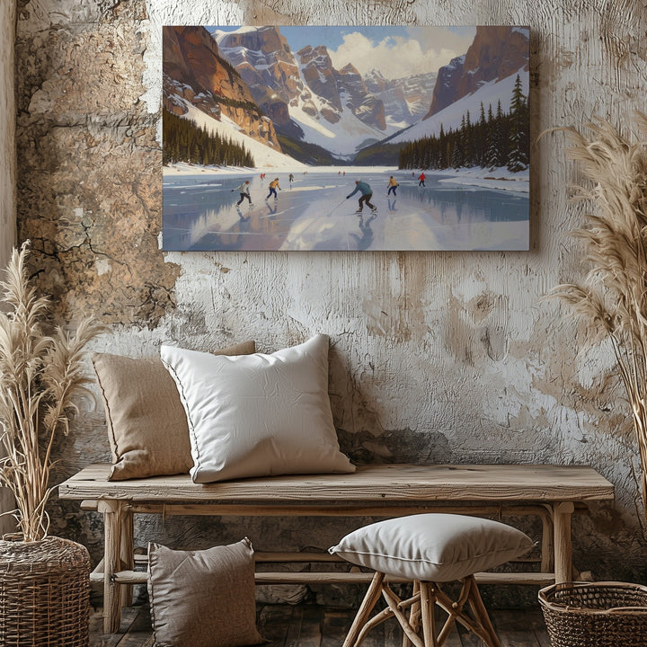 Skaters on Frozen Lake Canvas – Majestic Mountain Ice Scene Wall Art - Gifitto