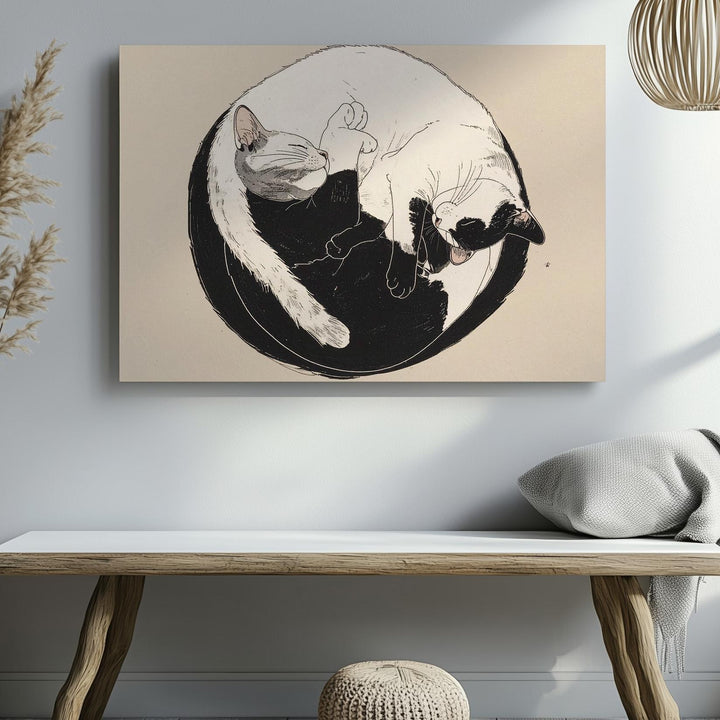 Yin Yang Cats Canvas – Minimalist Black & White Feline Harmony Art - Gifitto
