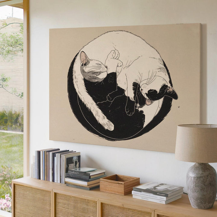 Yin Yang Cats Canvas – Minimalist Black & White Feline Harmony Art - Gifitto