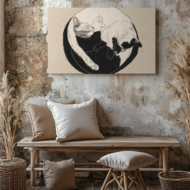 Yin Yang Cats Canvas – Minimalist Black & White Feline Harmony Art - Gifitto