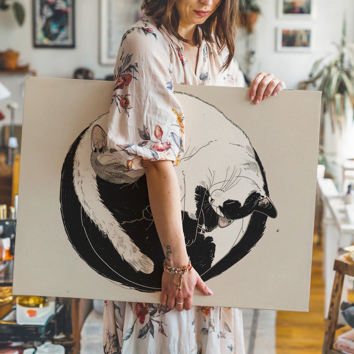 Yin Yang Cats Canvas – Minimalist Black & White Feline Harmony Art - Gifitto