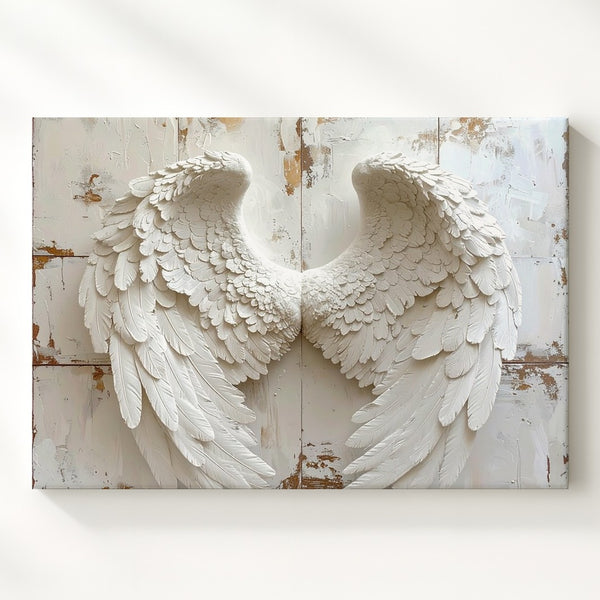 White Angel Wings Canvas – Minimalist Spiritual Wall Art on Rustic Wood - Gifitto