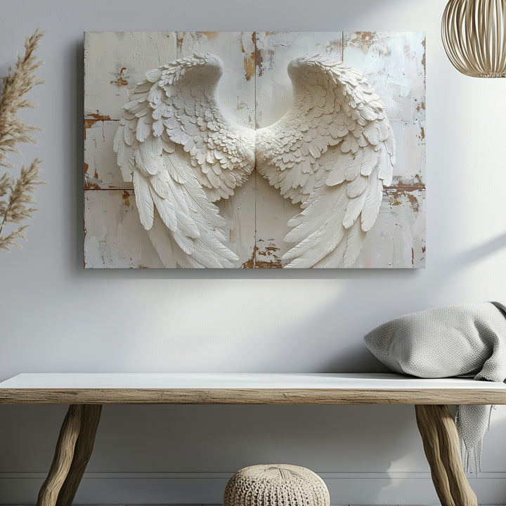White Angel Wings Canvas – Minimalist Spiritual Wall Art on Rustic Wood - Gifitto