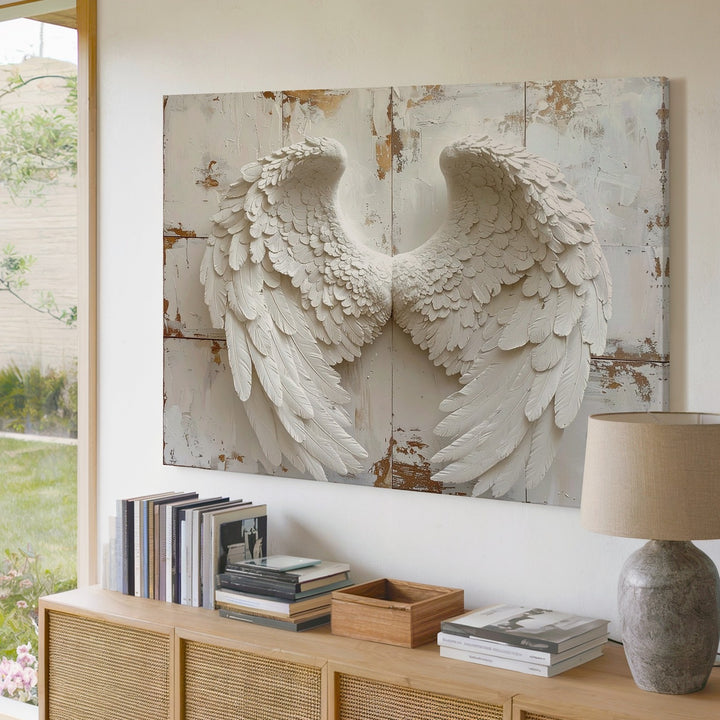 White Angel Wings Canvas – Minimalist Spiritual Wall Art on Rustic Wood - Gifitto