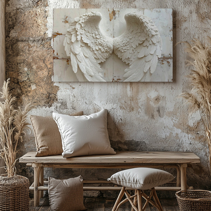 White Angel Wings Canvas – Minimalist Spiritual Wall Art on Rustic Wood - Gifitto