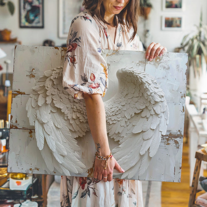 White Angel Wings Canvas – Minimalist Spiritual Wall Art on Rustic Wood - Gifitto