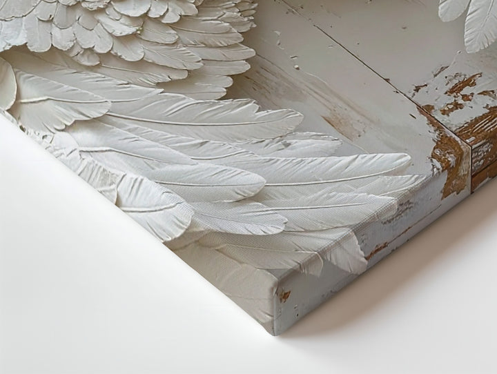 White Angel Wings Canvas – Minimalist Spiritual Wall Art on Rustic Wood - Gifitto