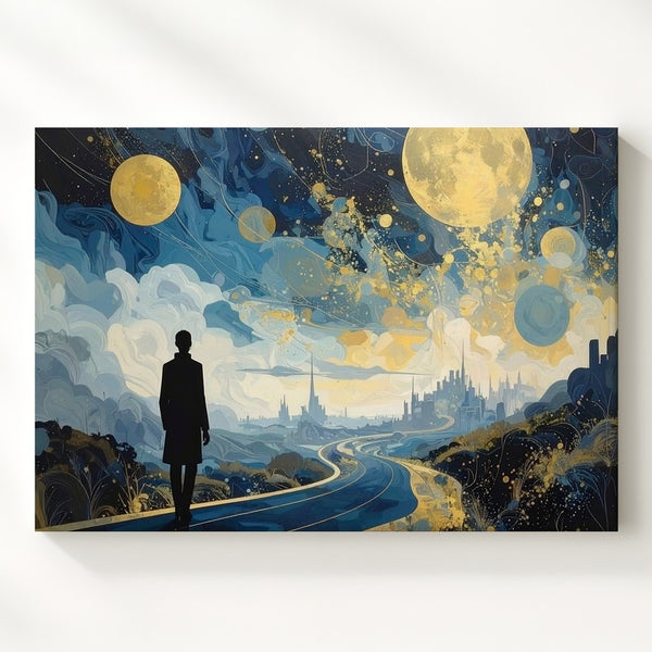 Cosmic Journey Canvas – Surreal Landscape with Golden Moons and Silhouette