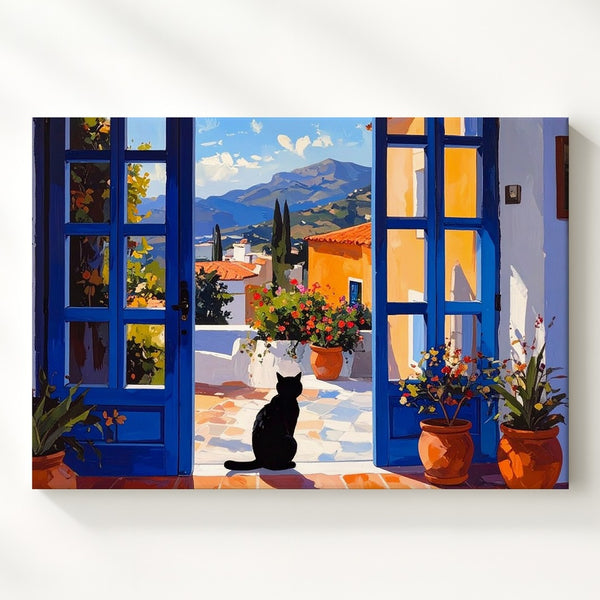 Mediterranean Escape Black Cat Canvas – Serene Sunlit Courtyard Wall Art - Gifitto
