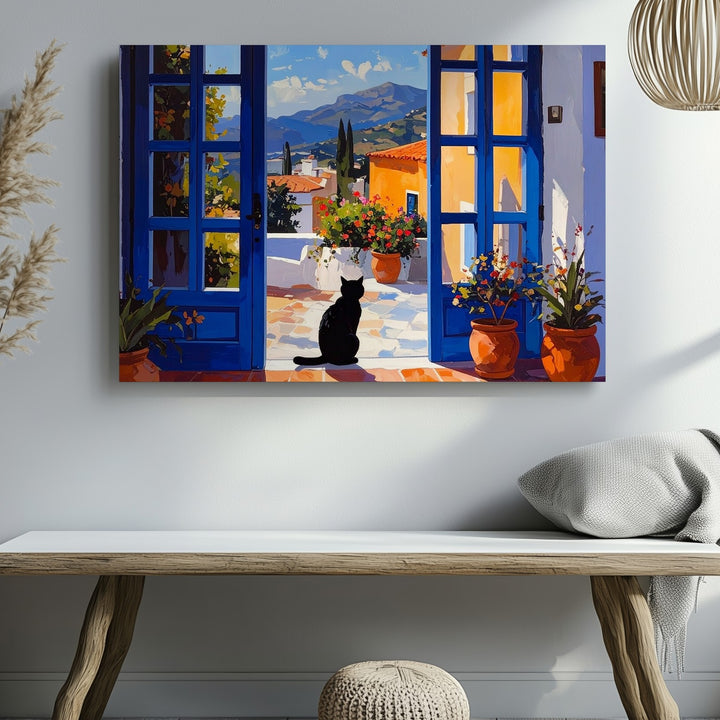 Mediterranean Escape Black Cat Canvas – Serene Sunlit Courtyard Wall Art - Gifitto