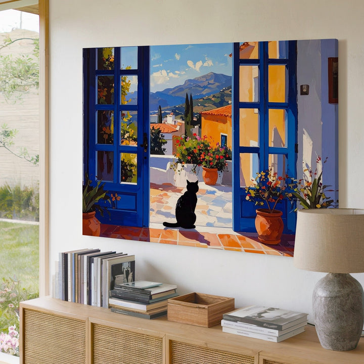 Mediterranean Escape Black Cat Canvas – Serene Sunlit Courtyard Wall Art - Gifitto