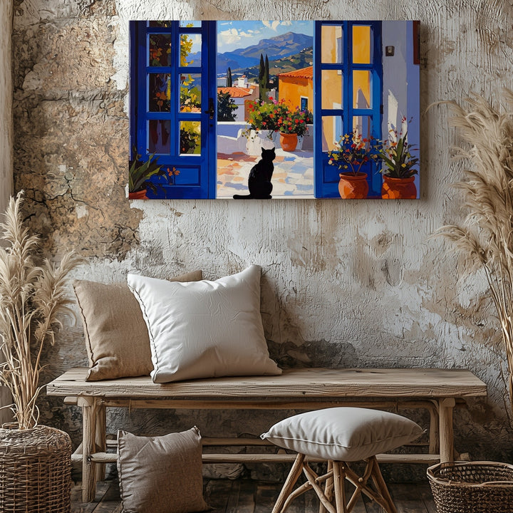 Mediterranean Escape Black Cat Canvas – Serene Sunlit Courtyard Wall Art - Gifitto