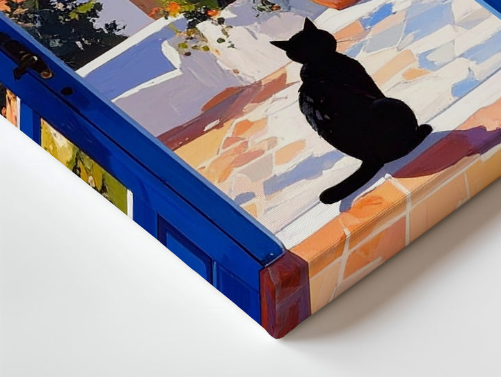 Mediterranean Escape Black Cat Canvas – Serene Sunlit Courtyard Wall Art - Gifitto