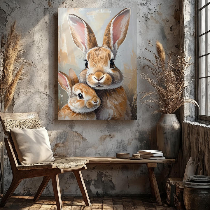 Rabbit Family Bond Canvas – Tender Parent and Child Wall Art - Gifitto