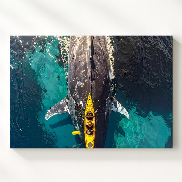 Kayak and Blue Whale Aerial Canvas – Ocean Scale & Coexistence Wall Art