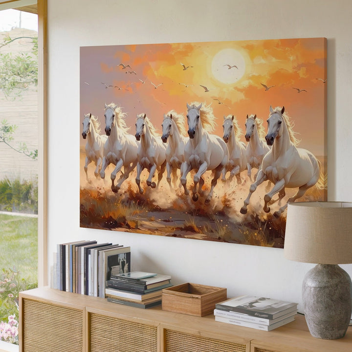 Galloping Light Canvas – White Horses in a Sunlit Golden Field - Gifitto