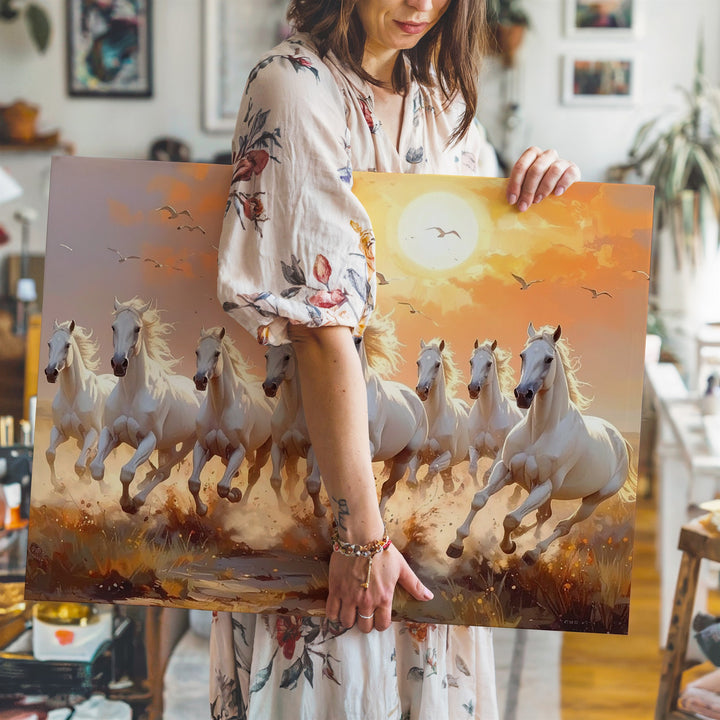 Galloping Light Canvas – White Horses in a Sunlit Golden Field - Gifitto