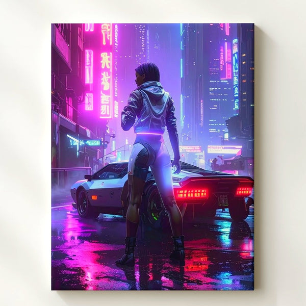 Neon Future Canvas – Cyberpunk Cityscape with Lone Figure & Sci-Fi Car - Gifitto