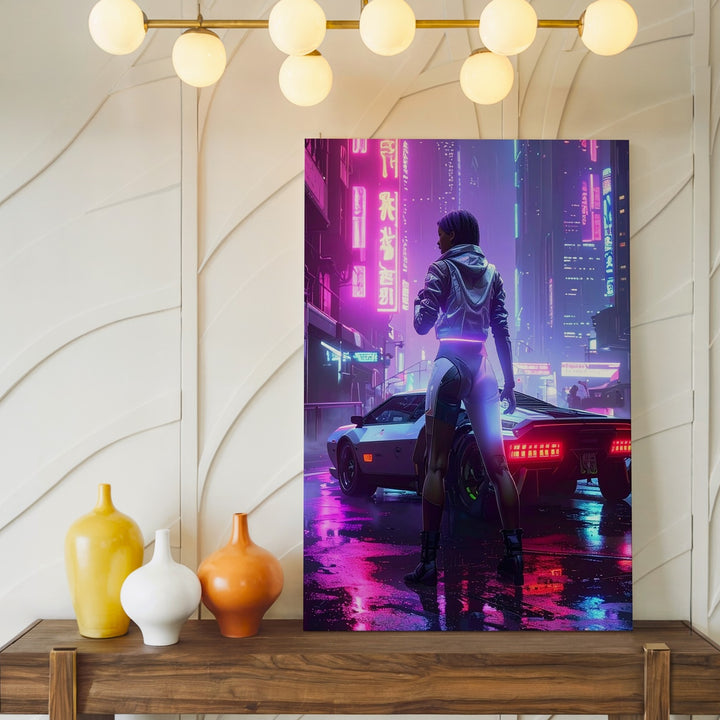 Neon Future Canvas – Cyberpunk Cityscape with Lone Figure & Sci-Fi Car - Gifitto
