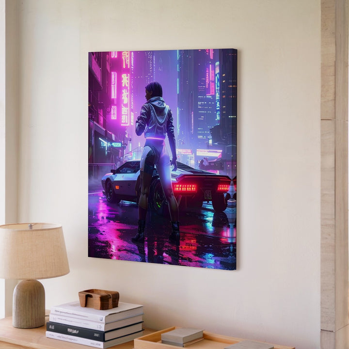 Neon Future Canvas – Cyberpunk Cityscape with Lone Figure & Sci-Fi Car - Gifitto