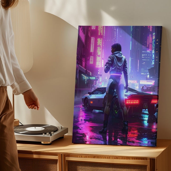 Neon Future Canvas – Cyberpunk Cityscape with Lone Figure & Sci-Fi Car - Gifitto