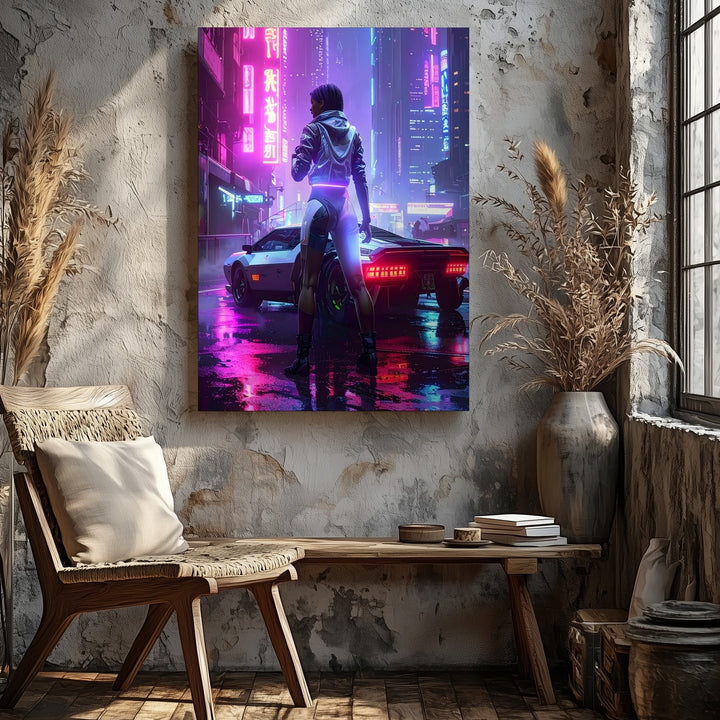 Neon Future Canvas – Cyberpunk Cityscape with Lone Figure & Sci-Fi Car - Gifitto