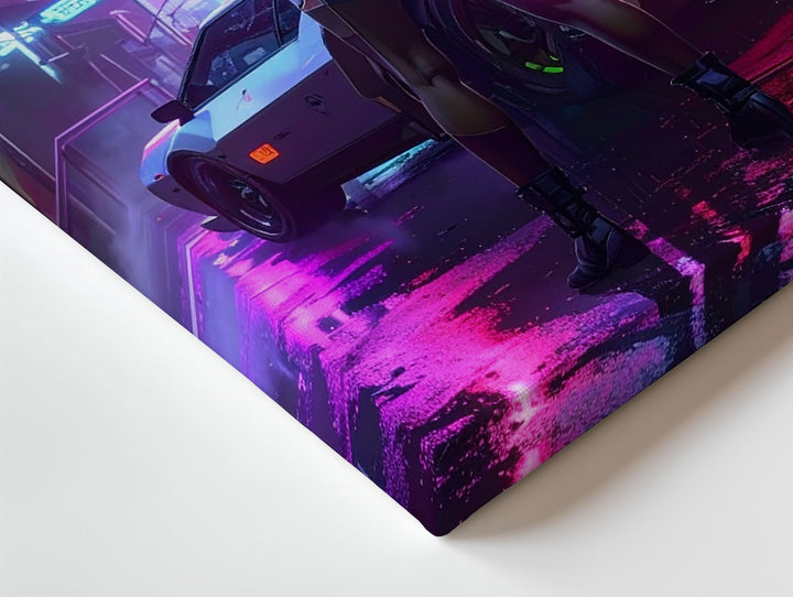Neon Future Canvas – Cyberpunk Cityscape with Lone Figure & Sci-Fi Car - Gifitto