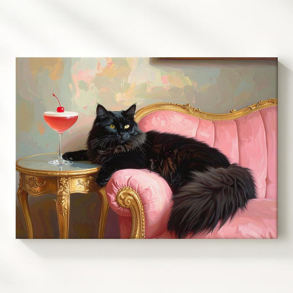 Velvet Throne Cat Canvas – Regal Black Feline on Pink Chaise with Cocktail - Gifitto