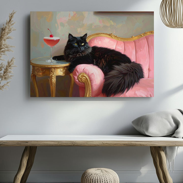 Velvet Throne Cat Canvas – Regal Black Feline on Pink Chaise with Cocktail - Gifitto