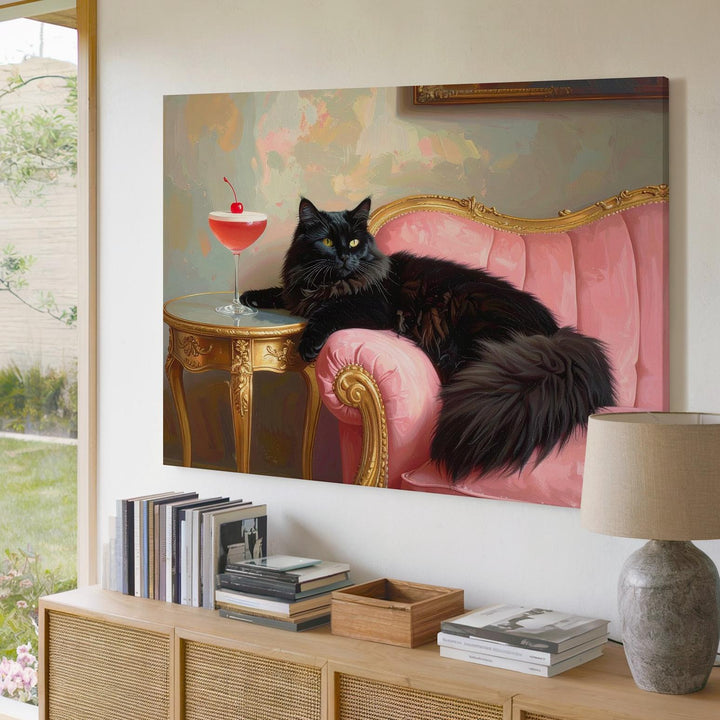 Velvet Throne Cat Canvas – Regal Black Feline on Pink Chaise with Cocktail - Gifitto